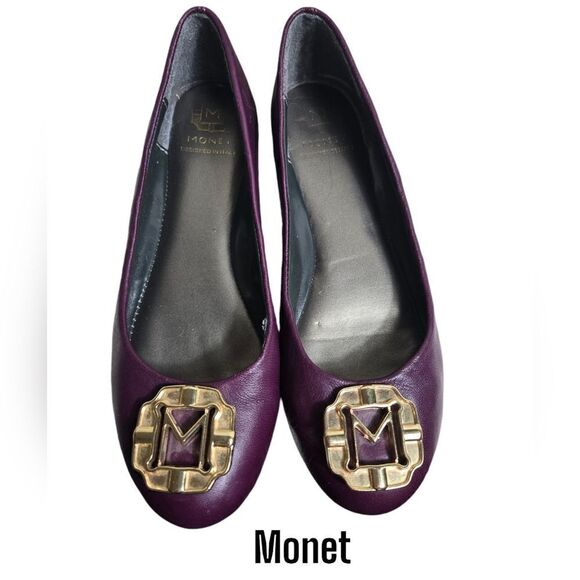 Monet Burgundy Purple Leather M Buckle Flats - Picture 1 of 8